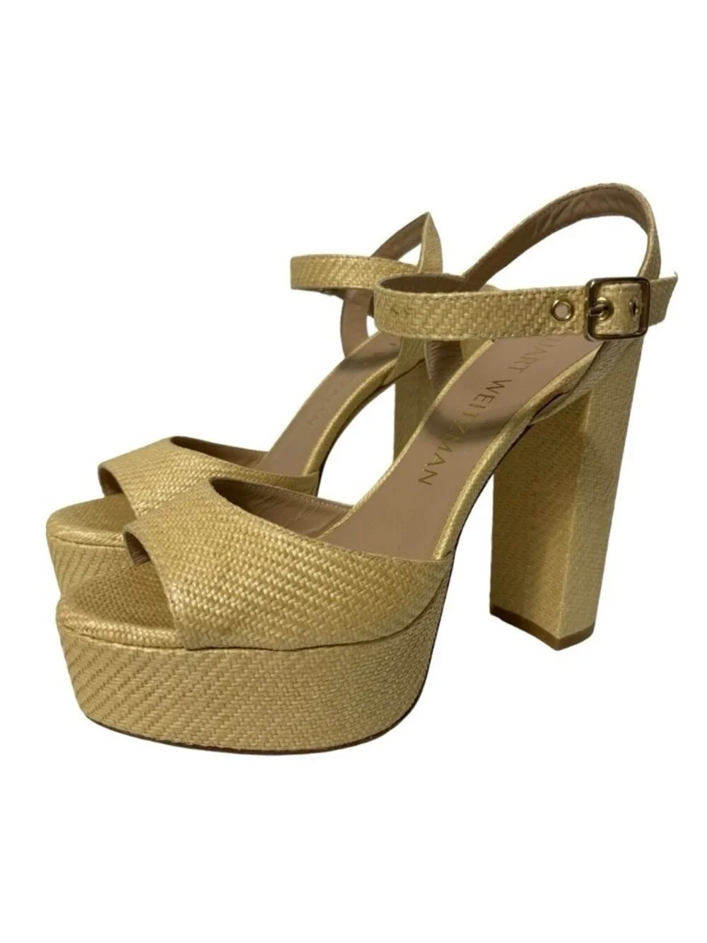 NWT Stuart Weitzman Ryder 95 Tan Platform Sandal Wheat Textured Rafia Size 10